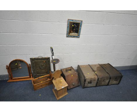 A SELECTION OF OCCASIONAL FURNITURE, to include a vintage travelling trunk, a pine candle box, oak purdonium, butler stand, p