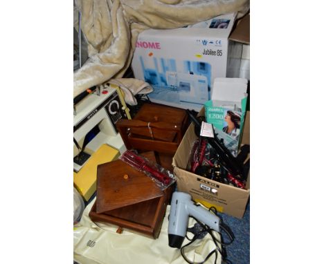 TWO BOXES AND LOOSE SEWING MACHINES, SEWING BOX AND SUNDRY ITEMS, to include a boxed Janome Jubilee 85 sewing machine, a Whit