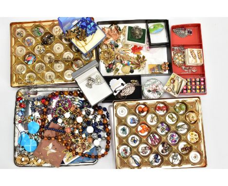 A BOX OF ASSORTED COSTUME JEWELLERY, to include a rolled gold Albertina fitted with a gold-plated sardonyx and bloodstone fob