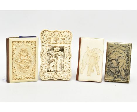 THREE CARVED IVORY CARD CASES AND A WHITE METAL CARD CASE, the first of a wavy rectangular form, decorated with a pierced cen