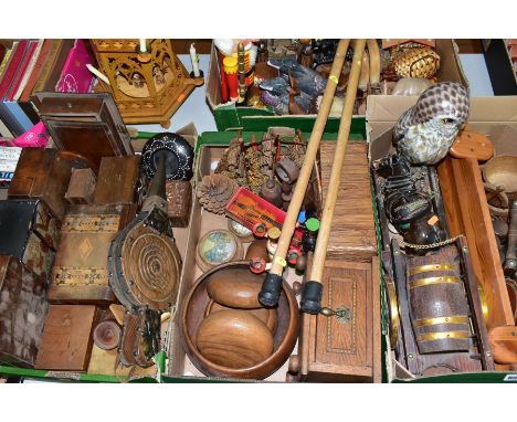 FOUR BOXES AND LOOSE TREEN, COLLECTABLES, ETC, including a wooden tower fitted with candles that when lit rotate the centre s
