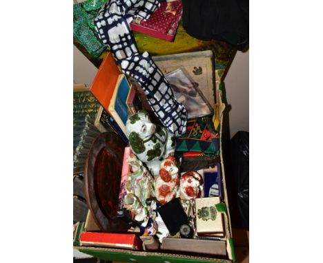 A BOX AND LOOSE OF STAFFORDSHIRE POTTERY, BOXED PLAYING CARDS AND BOARD GAMES, ETC, including three Victorian pottery seated 