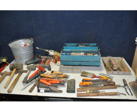 A BOX AND TOOLBOX CONTAINING WOODWORKING TOOLS to include a quantity of files, chisels, hammers etc two metal buckets a Bosch