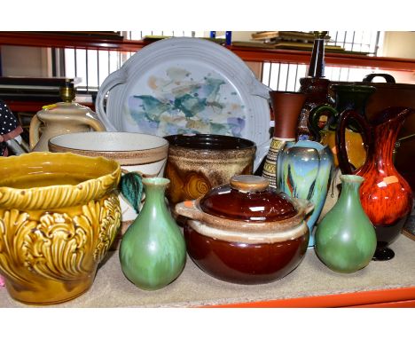 A GROUP OF WEST GERMAN AND OTHER ART POTTERY, to include a pair of green glazed Canadian Huronia Pottery bud vases height 14.