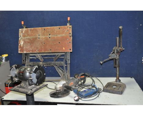 A CHALLENGE ANGLE GRINDER, a Performance Power Bench Grinder mounted to a Clarke pedestal stand (both PAT pass and working bu
