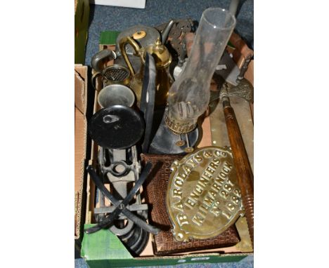 A BOX AND LOOSE METALWARES, PICTURES AND SUNDRY ITEMS, to include a brass plaque reading 'Barclays &amp; Co Engineers Kilmarn