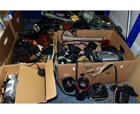 THREE BOXES AND LOOSE PHOTOGRAPHIC EQUIPMENT, to include a Zenit EM SLR with olympic logo, a Canon T70 SLR with standard 50mm