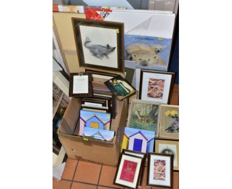 A BOX AND LOOSE PAINTINGS AND PRINTS ETC, to include a Christine Hughes watercolour seascape, approximate size 20cm x 52cm, o