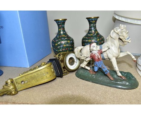 A CAST IRON FIGURE GROUP, A PAIR OF CLOISONNE VASES AND A FRENCH BAROMETER, comprising a nineteenth century French drum barom