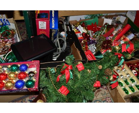 SIX BOXES OF CHRISTMAS DECORATIONS, TREES, LIGHTS AND WRAPPING PAPER, to include a ceramic Christmas tree light, height appro