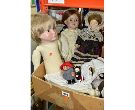 A BOX OF DOLLS AND ACCESSORIES, modern dolls appear homemade but are very well made, to include a blonde soft bodied doll wit