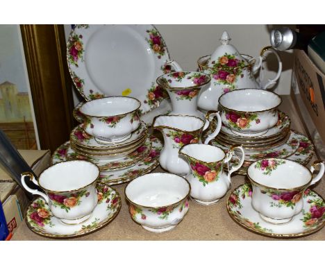 TWENTY EIGHT PIECES OF ROYAL ALBERT OLD COUNTRY ROSES TEA AND DINNER WARES, comprising a teapot, large and small cream jugs (