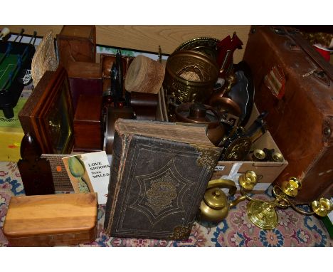 TWO BOXES AND LOOSE VINTAGE SUITCASE, WELSH BIBLE, METALWARES, TREEN AND SUNDRY ITEMS, to include a large vintage suitcase (b