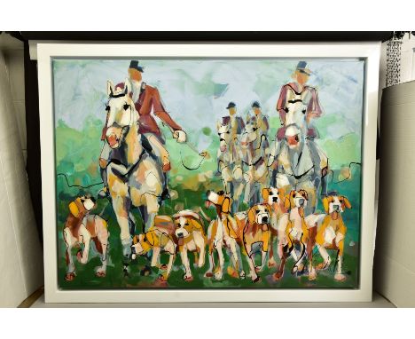 MARIEKE BEKKE (DUTCH 1985) 'WHIP' a modern depiction of a hunting party with horses and hounds, signed bottom right, signed t