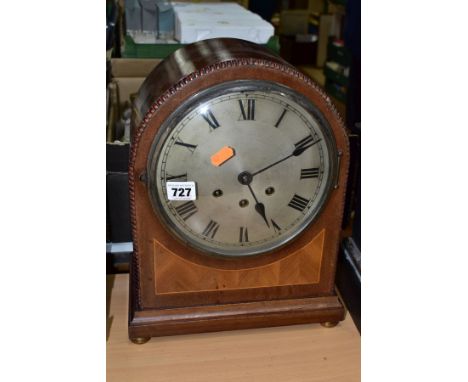 A MAHOGANY EIGHT DAY WESTMINSTER CHIMING MANTLE CLOCK, the silvered dial having Roman numeral hour markers, the movement sign