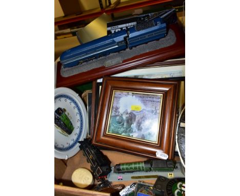 TWO BOXES OF RAILWAY BOOKS, PICTURES, MODELS AND OTHER ITEMS RELATING TO TRAINS, to include over thirty books and booklets, r