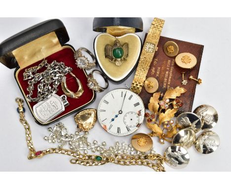 A BAG OF ASSORTED ITEMS, to include a ladies 'Avia' wristwatch, an AF gold front and back heart locket, a pocket watch moveme