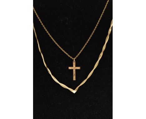 A 9CT GOLD ARTICULATED NECKLACE AND A PENDANT WITH CHAIN, flat herring bone plaited V-shape necklace fitted with a spring cla