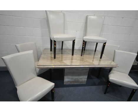 A RECTANGULAR LIGHT COLOURED VARIEGATED MARBLE TABLE, the top with a moulded edge on a separate rectangular plinth, width 170