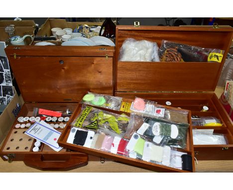 TWO WOODEN CASES OF FLY TYING EQUIPMENT AND MATERIALS, to include assorted tools, threads, yarns, wire, feathers and fur (2 C