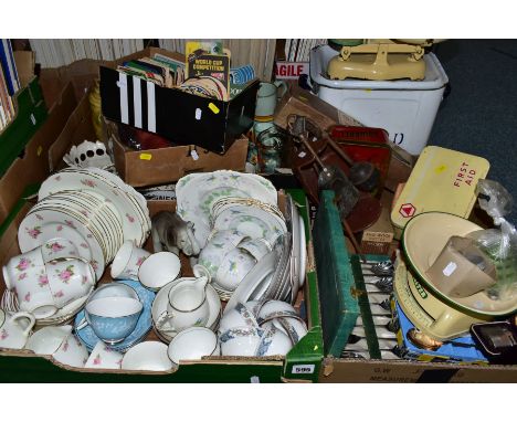 FIVE BOXES AND LOOSE CERAMICS, GLASS, SUNDRY  ITEMS ETC, to include Grafton china part tea set, other tea sets, Flaxman Ware 