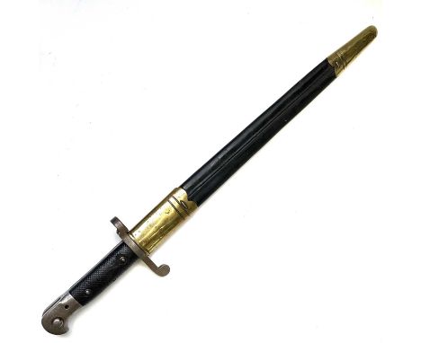 A British Lee Enfield bayonet, by Wilkinson Sword Company London, with chequered grip and brass mounted leather scabbard, len