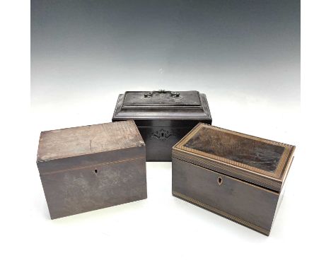 An early George III mahogany rectangular tea caddy, with moulded cover and triple internal divisions, width 24cm, together wi