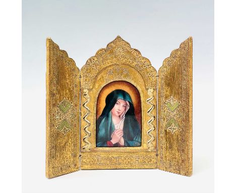 Camille Faure, A Limoges enamel plaque of the Madonna, height 10cm, inscribed, in a gilt triptych frame.