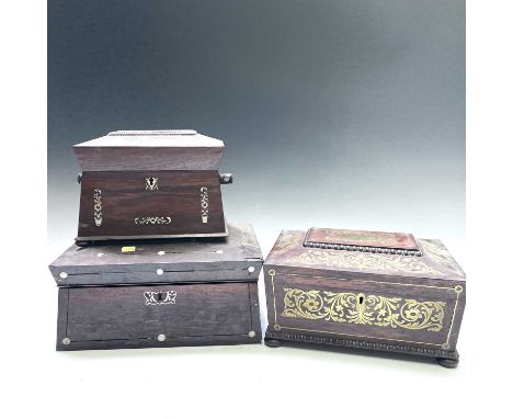 A Regency rosewood and cut brass inlaid workbox, the interior gutted, width 29cm together with a similar mother of pearl inla