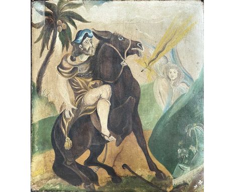 19th century or earlierA figure on horseback startled by an AngelOil on canvas, 35 X 29.5cm.There is a tear to the top left c