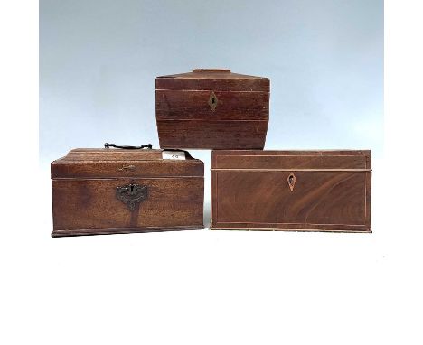 An early George III mahogany tea caddy, the moulded cover now revealing two lidded compartments and a glass bowl, width 24cm,