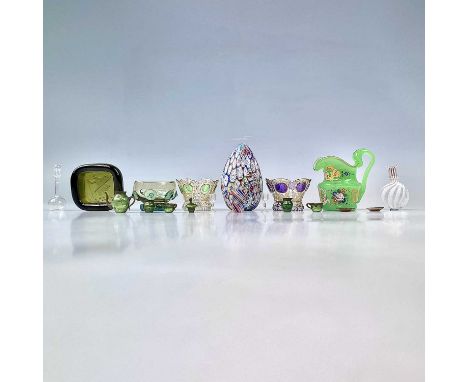 Miniature glassware, comprising an Austrian green jug with painted and gilt floral decoration, height 8cm, a millefiori egg, 