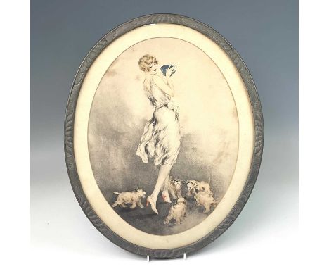 A Barbola oval wall mirror, with floral cresting, width 54cm, together with a French art deco oval print (2).The measurement 