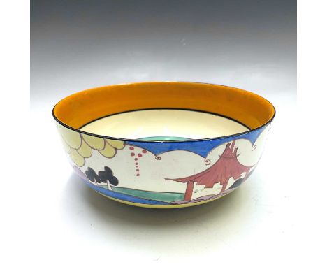 A Clarice Cliff Fantasque Summer house pattern circular fruit bowl, with orange, green and yellow banded interior, diameter 2