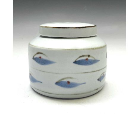 David LEACH (1911-2005)Small pot and cover with fish motifDavid Leach stamp to the base9cm x 11cm in diameter. 