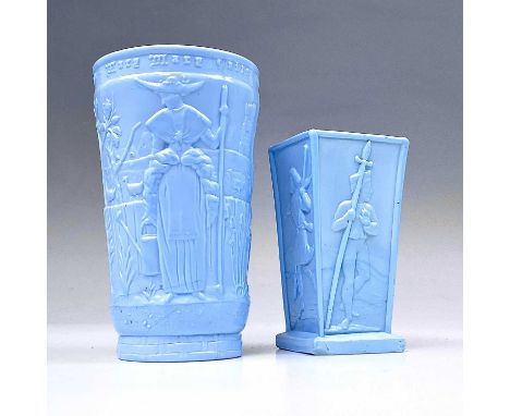 Walter Crane, A rare Sowerby turquoise glass beaker, moulded with a design of 'Mary Mary Quite Contrary', height 13.5cm, toge