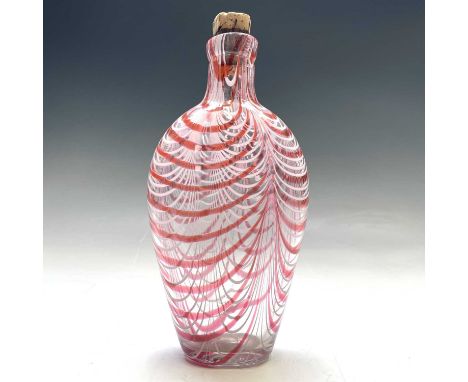 A Victorian Nailsea-type glass flask, with striated pink and white decoration, height 23cm.