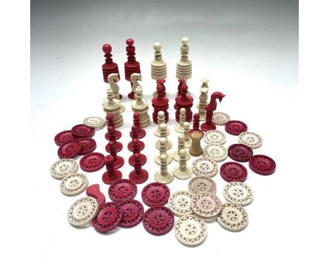 A 19th century English bone Barleycorn Chess set together with a set of Indian backgammon counters.All chess pieces present, 