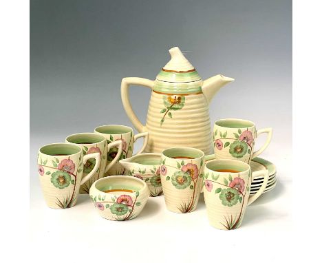 A Clarice Cliff Lynton shape coffee set, circa 1938, floral painted in the sundew pattern and comprising a coffee pot and cov