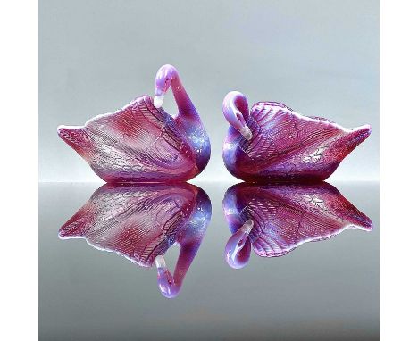 A rare pair of Burtles, Tate &amp; Co rose opalescent swan posy holders, circa 1885, with the heads twisted towards the body,