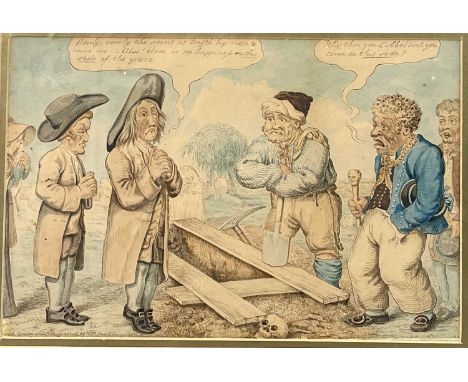 After Woodward, A caricature of figures beside a grave, early 19th century, 21 X 31cm, together with a print by Cheffins, Lon