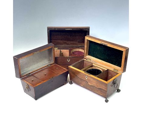 A Regency rosewood tea caddy, of sarcophagus form, with pewter stringing, width 32cm, another, with boxwood stringing, (both 