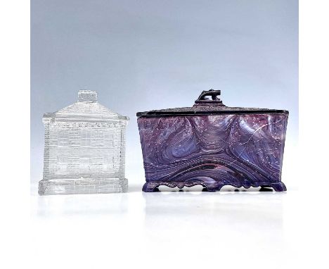 A Victorian purple malachite glass tea caddy and cover, of sarcophagus form, inscribed 'Tea' and with moulded foliate decorat