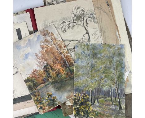 A folio of watercolours and sketches by E.J.Stone, mainly studies of trees, woodland, and Essex views, together with lithogra