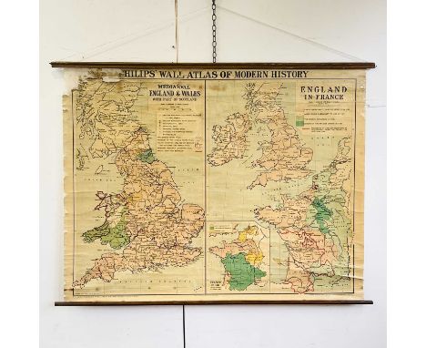 A 1948 Phillips wall atlas of modern history of Mediaeval England and Wales and England in France, 122cm x 90cm.