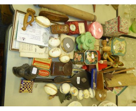 COLLECTORS ITEMS AND MISCELLANEA TO INCLUDE; BOXED STAFFORDSHIRE ENAMELED CIRCULAR BOX WITH CERTIFICATE, DECORATIVE EGG SHAPE
