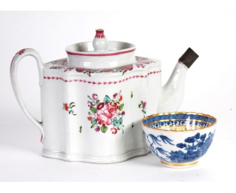 LATE 18th CENTURY NEWHALL PORCELAIN TEAPOT OF LOZENGE FORM with scroll handle, painted in colours with floral sprays beneath 