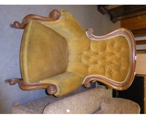 VICTORIAN MAHOGANY FRAMED GENTLEMAN'S EASY ARMCHAIR WITH BUTTON BACK, COVERED IN GOLD PLUSH, AND A GREEN PRINTED LLOYD LOOM O