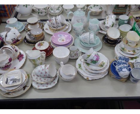 QUEEN ANNE 'GLADE' PATTERN TEA SET FOR FOUR PERSONS, WITH TEAPOT, CREAM JUG AND AND SUGAR BOWL, A COLCLOUGH PINK ROSES PATTER