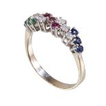 Ring, WG 585/000, Schräg angeordnete Steingruppen, 6 Brillanten ca. 0,18 ct tw-vsi, 3 Rubine ...